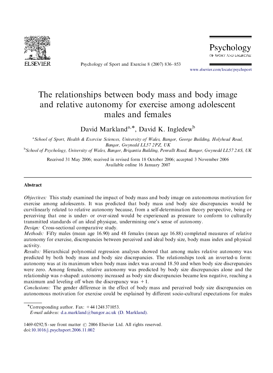 The relationships between body mass and body image and relative autonomy for exercise among adolescent males and females