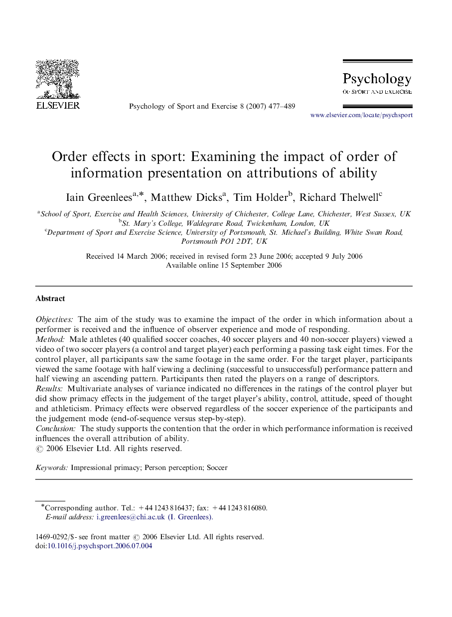 Order effects in sport: Examining the impact of order of information presentation on attributions of ability