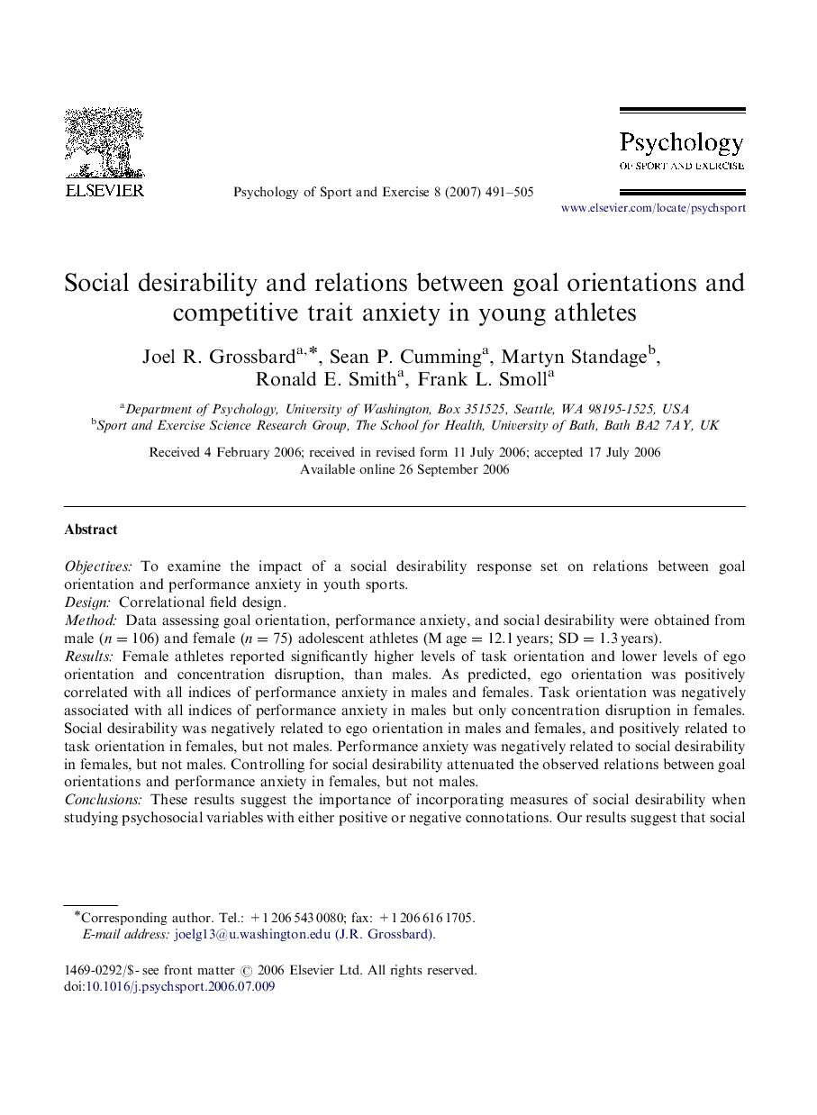 Social desirability and relations between goal orientations and competitive trait anxiety in young athletes