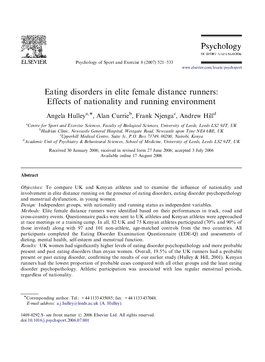 Eating disorders in elite female distance runners: Effects of nationality and running environment