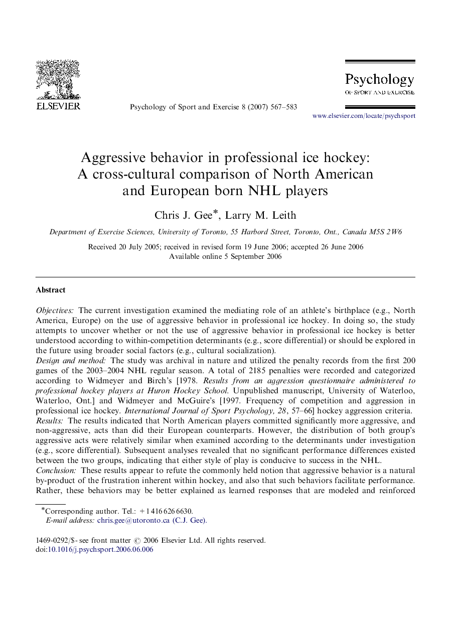 Aggressive behavior in professional ice hockey: A cross-cultural comparison of North American and European born NHL players