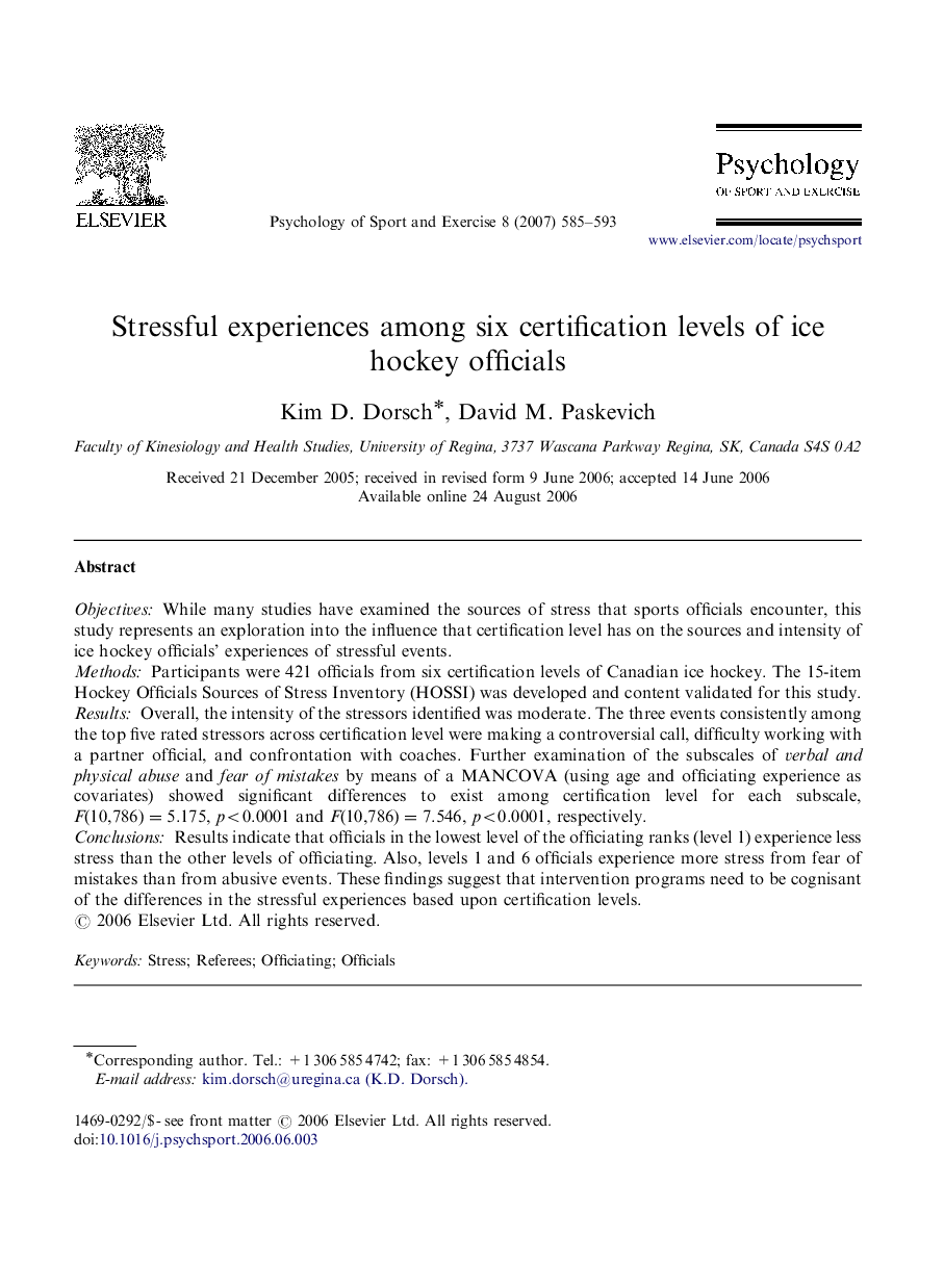 Stressful experiences among six certification levels of ice hockey officials