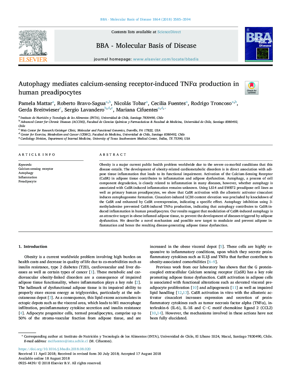 Autophagy mediates calcium-sensing receptor-induced TNFÎ± production in human preadipocytes