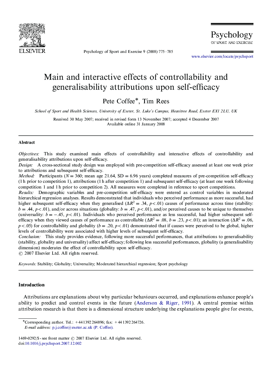 Main and interactive effects of controllability and generalisability attributions upon self-efficacy