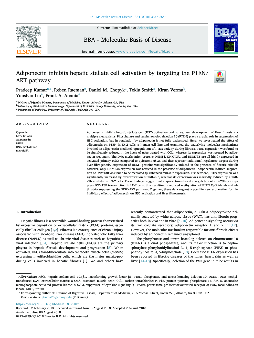 Adiponectin inhibits hepatic stellate cell activation by targeting the PTEN/AKT pathway