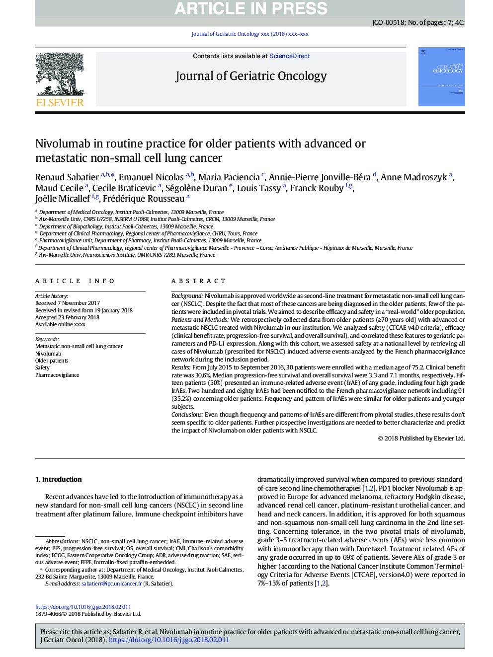 Nivolumab in routine practice for older patients with advanced or metastatic non-small cell lung cancer