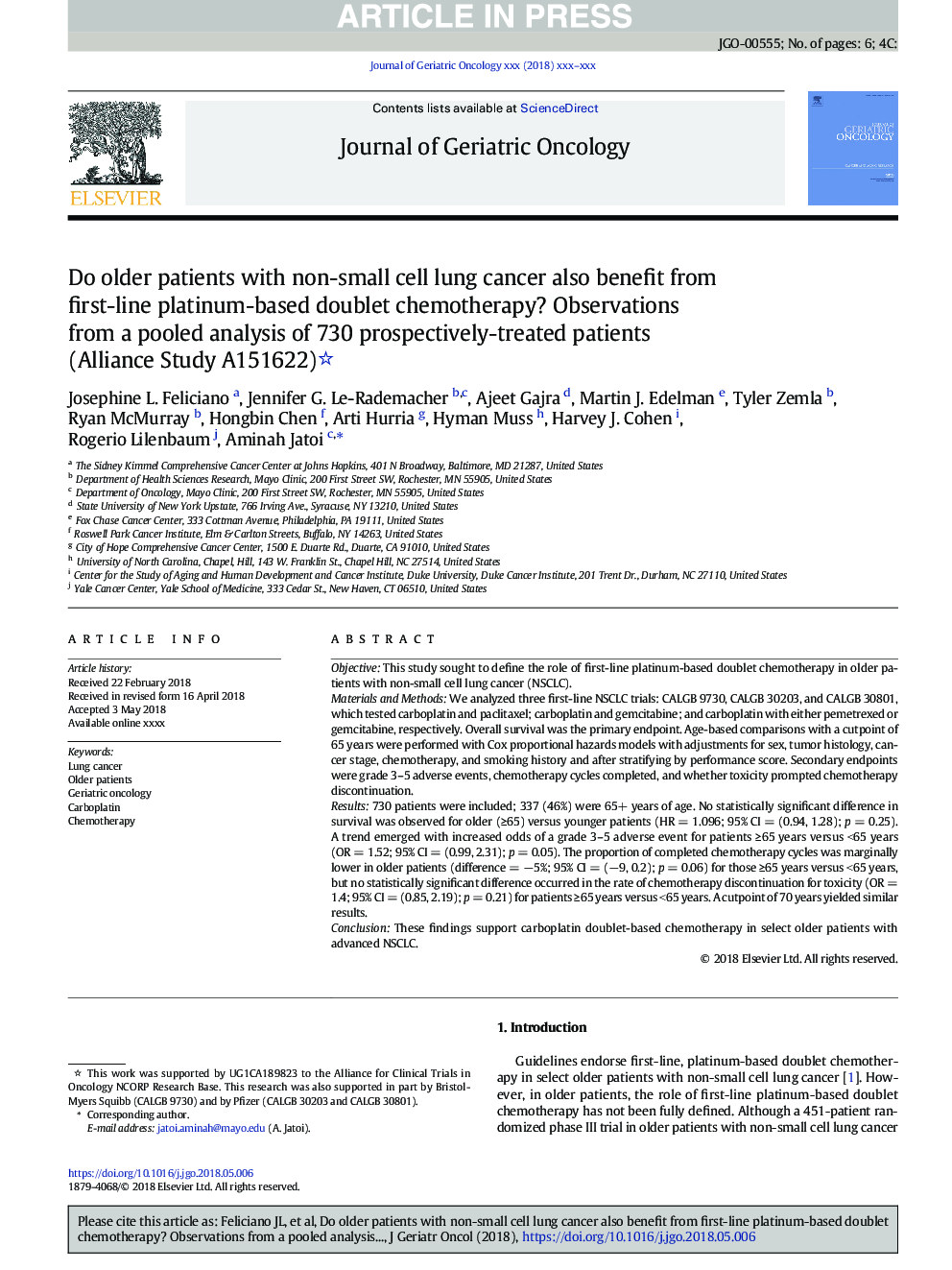 Do older patients with non-small cell lung cancer also benefit from first-line platinum-based doublet chemotherapy? Observations from a pooled analysis of 730 prospectively-treated patients (Alliance Study A151622)