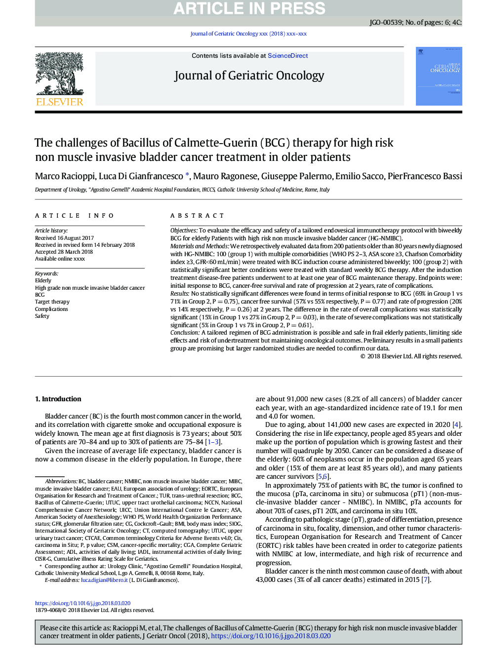 The challenges of Bacillus of Calmette-Guerin (BCG) therapy for high risk non muscle invasive bladder cancer treatment in older patients