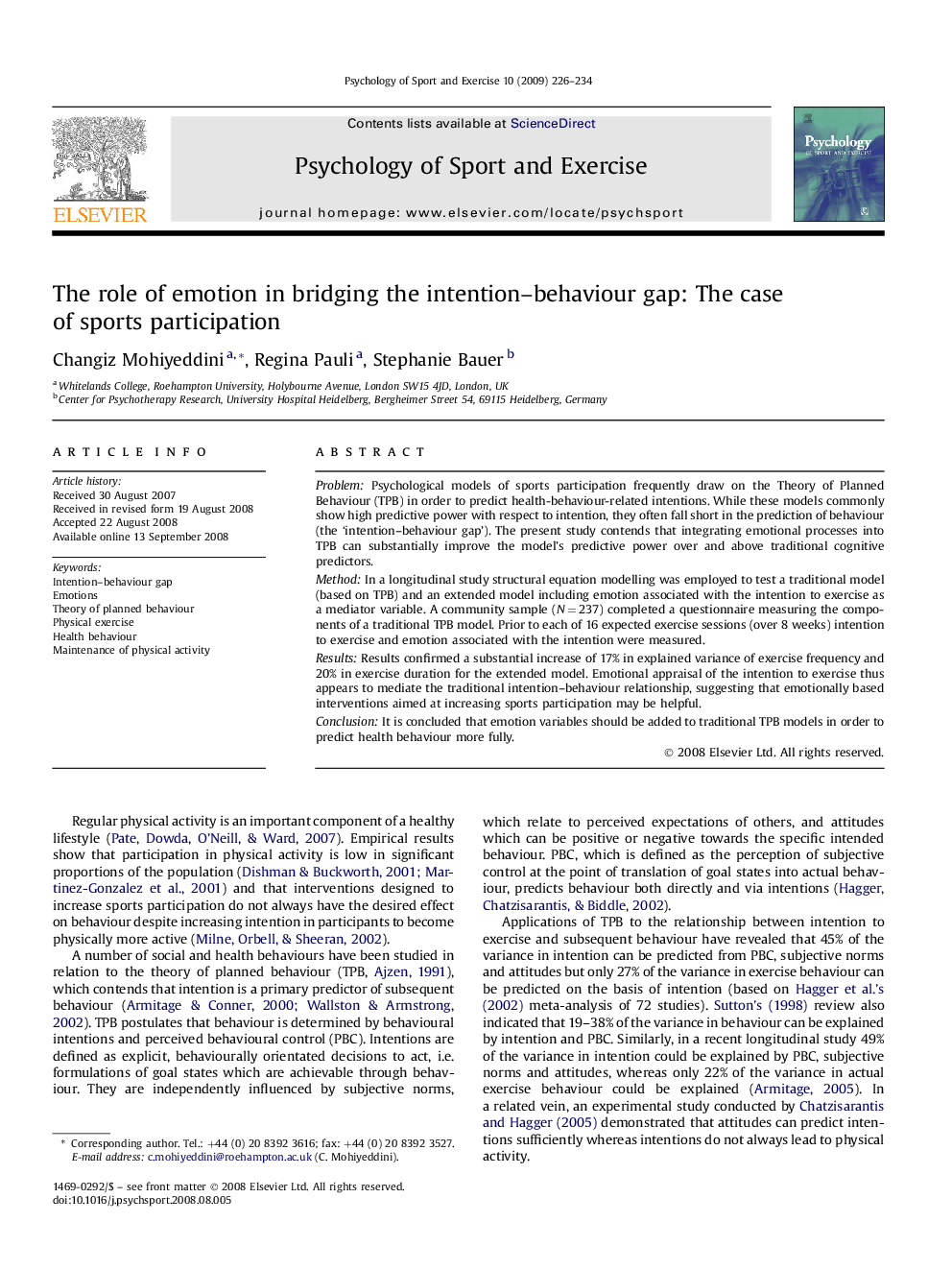 The role of emotion in bridging the intention–behaviour gap: The case of sports participation