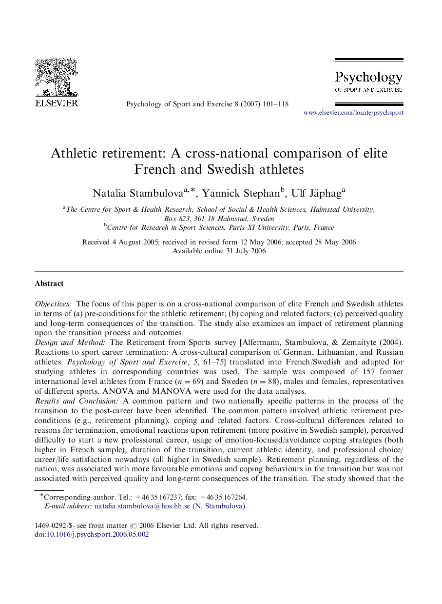 Athletic retirement: A cross-national comparison of elite French and Swedish athletes