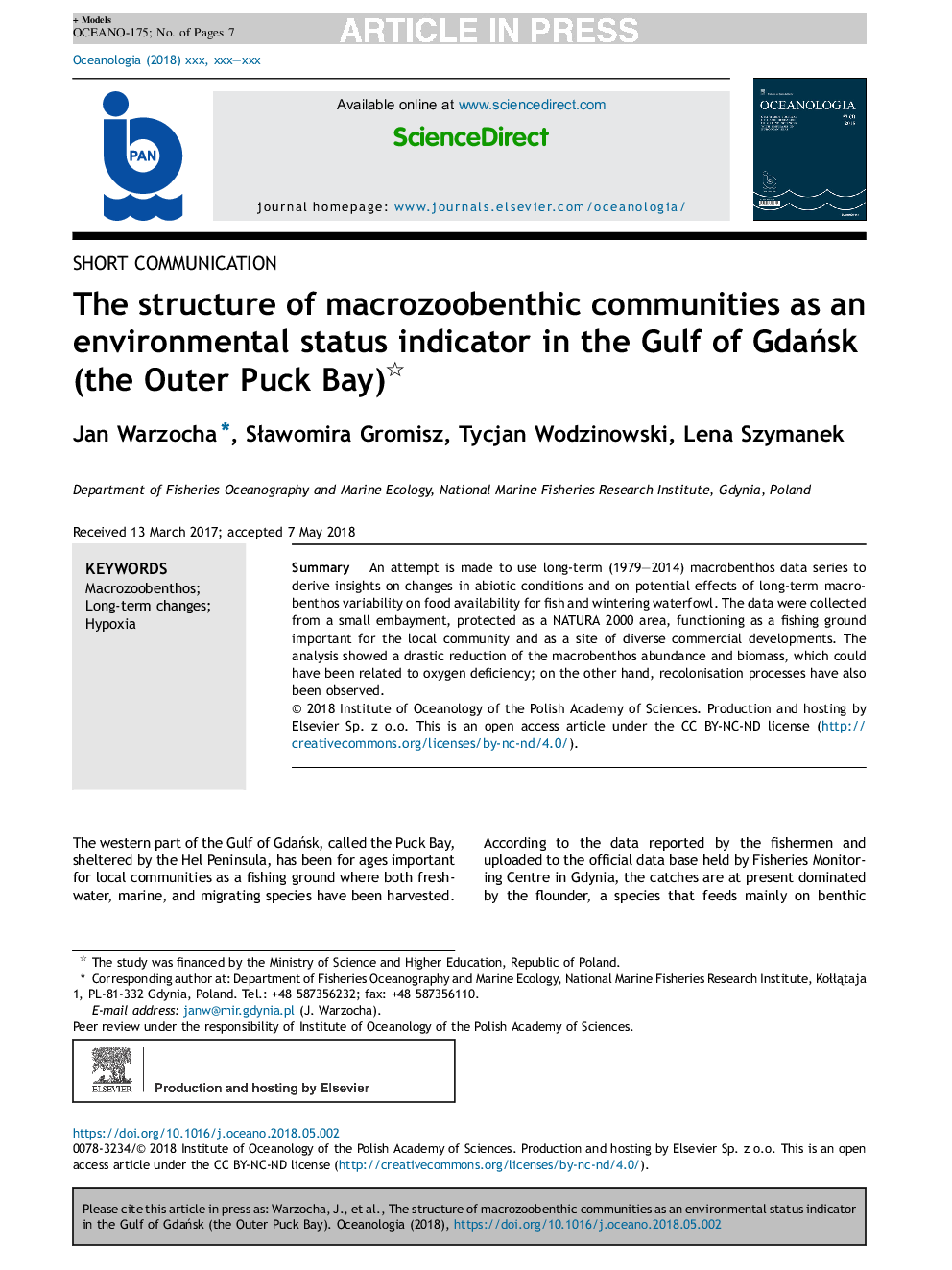 The structure of macrozoobenthic communities as an environmental status indicator in the Gulf of GdaÅsk (the Outer Puck Bay)