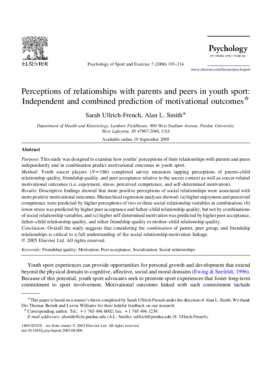 Perceptions of relationships with parents and peers in youth sport: Independent and combined prediction of motivational outcomes 