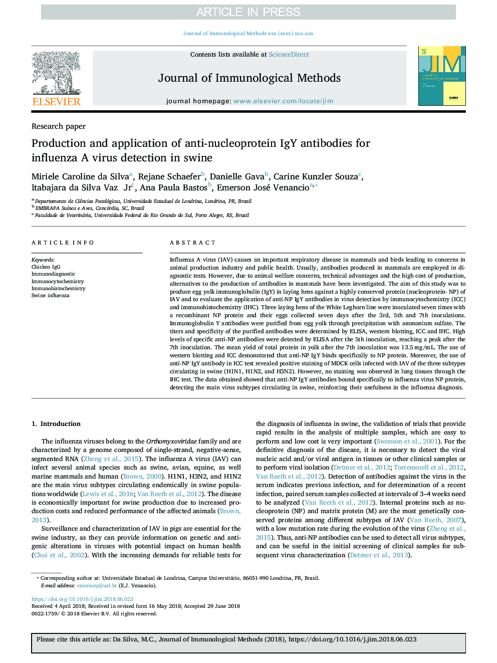 Production and application of anti-nucleoprotein IgY antibodies for influenza A virus detection in swine