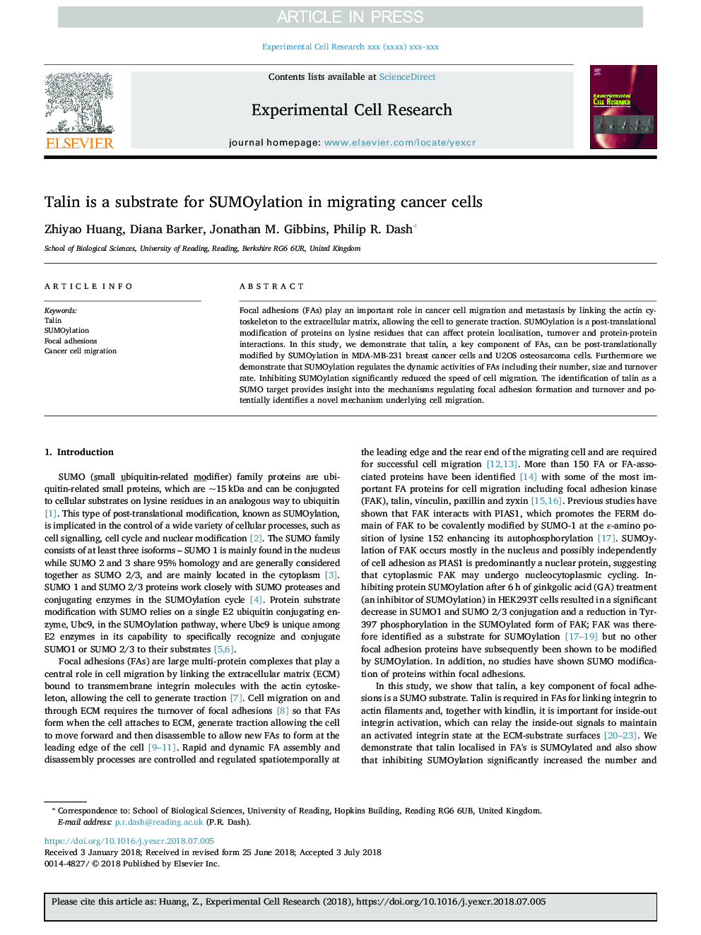 Talin is a substrate for SUMOylation in migrating cancer cells