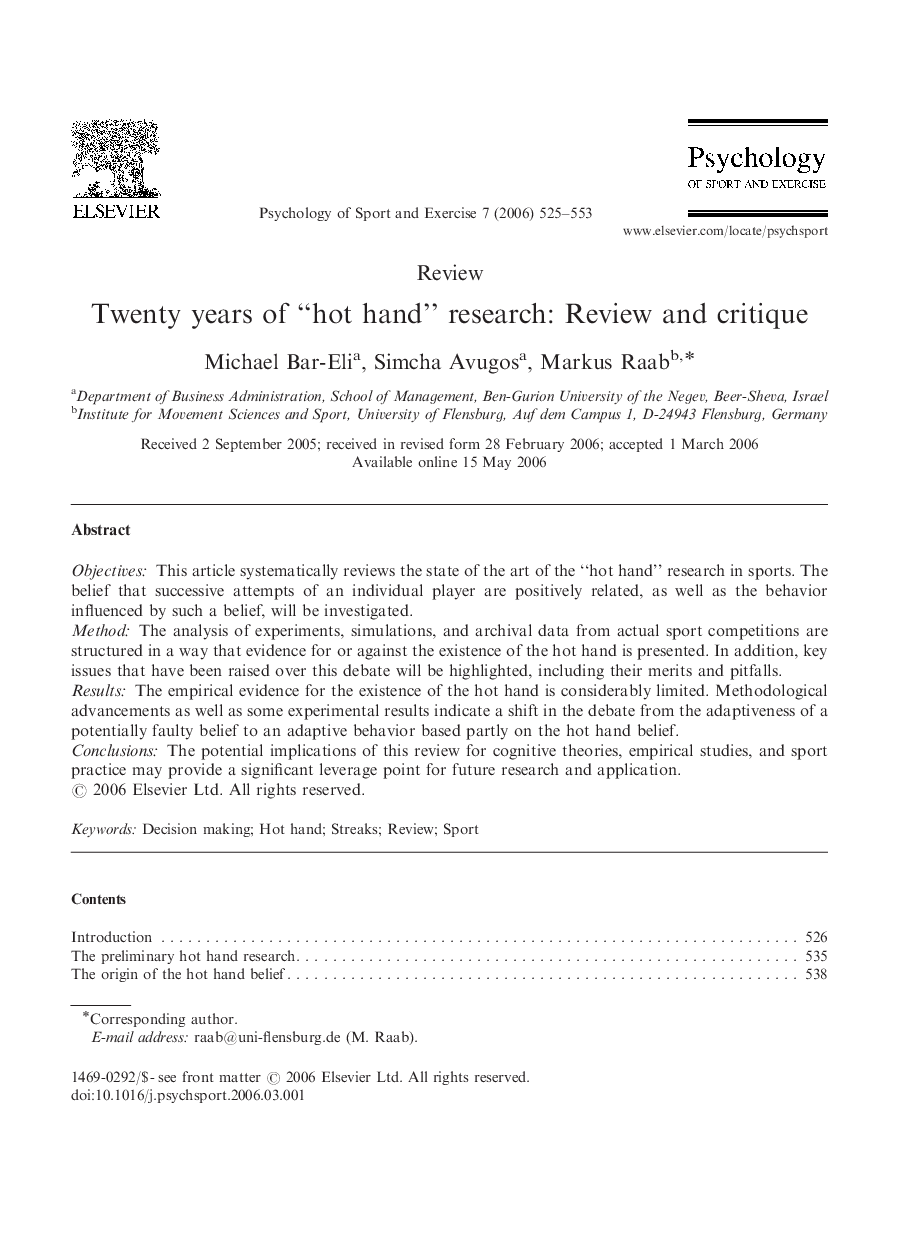 Twenty years of “hot hand” research: Review and critique