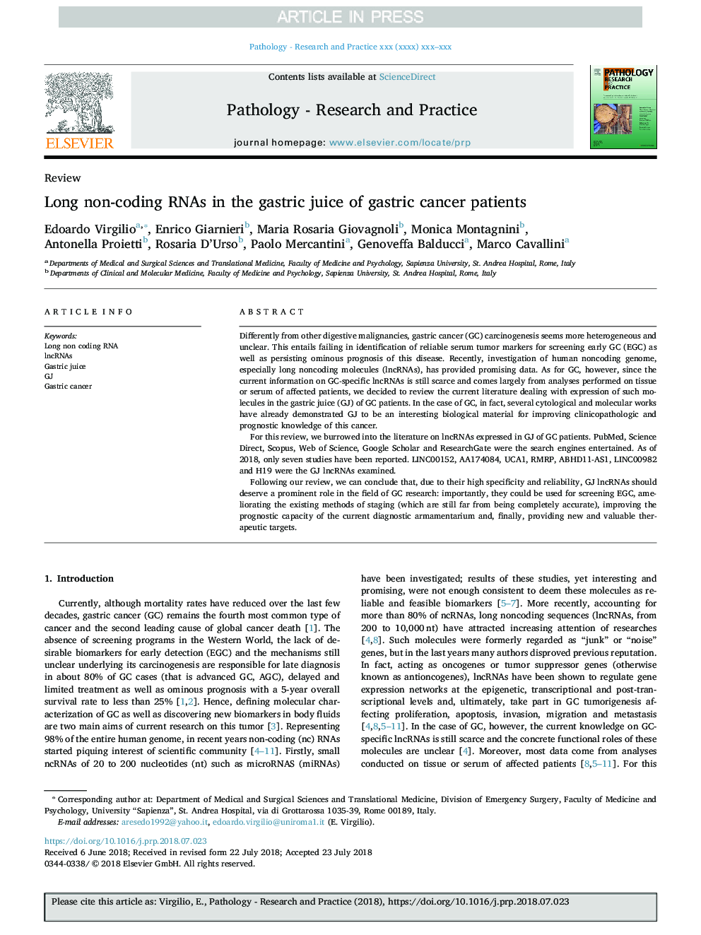 Long non-coding RNAs in the gastric juice of gastric cancer patients