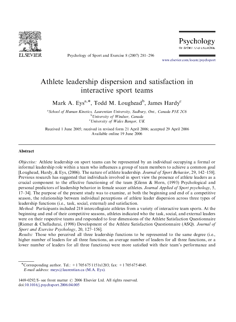 Athlete leadership dispersion and satisfaction in interactive sport teams