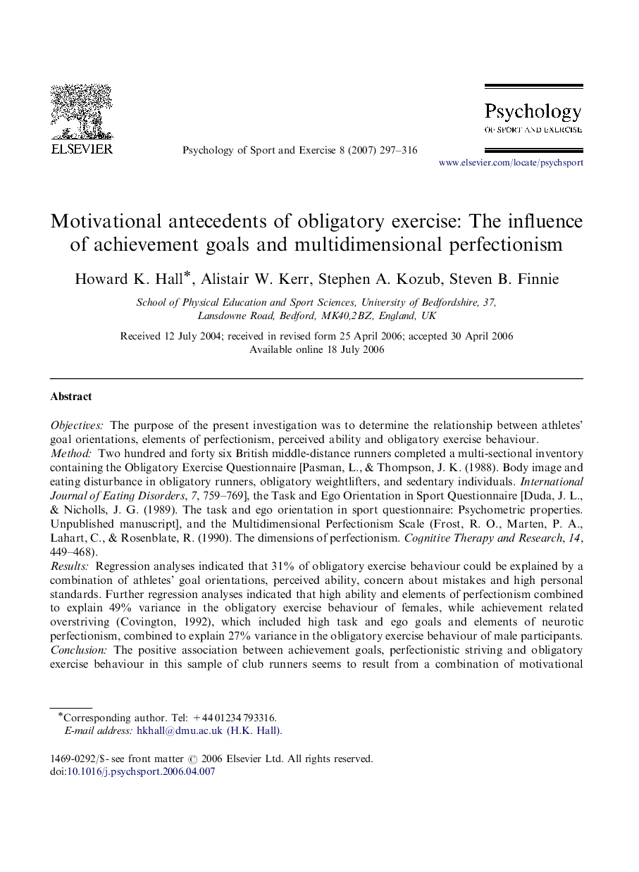 Motivational antecedents of obligatory exercise: The influence of achievement goals and multidimensional perfectionism