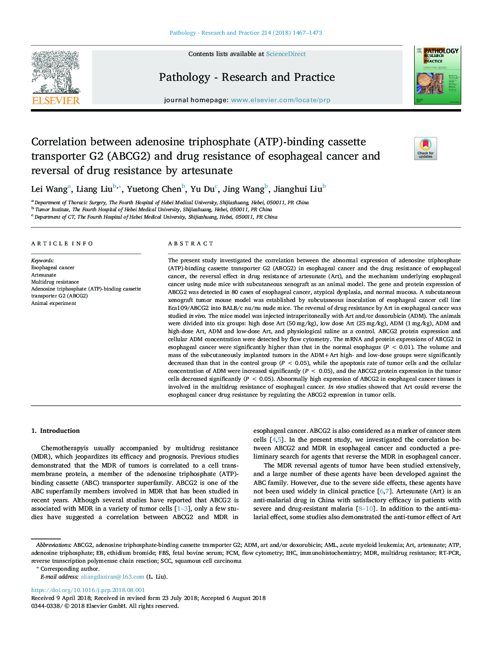 Correlation between adenosine triphosphate (ATP)-binding cassette transporter G2 (ABCG2) and drug resistance of esophageal cancer and reversal of drug resistance by artesunate