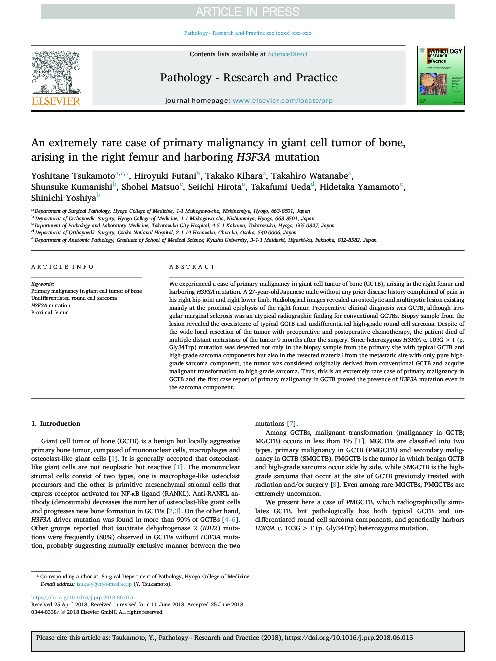 An extremely rare case of primary malignancy in giant cell tumor of bone, arising in the right femur and harboring H3F3A mutation