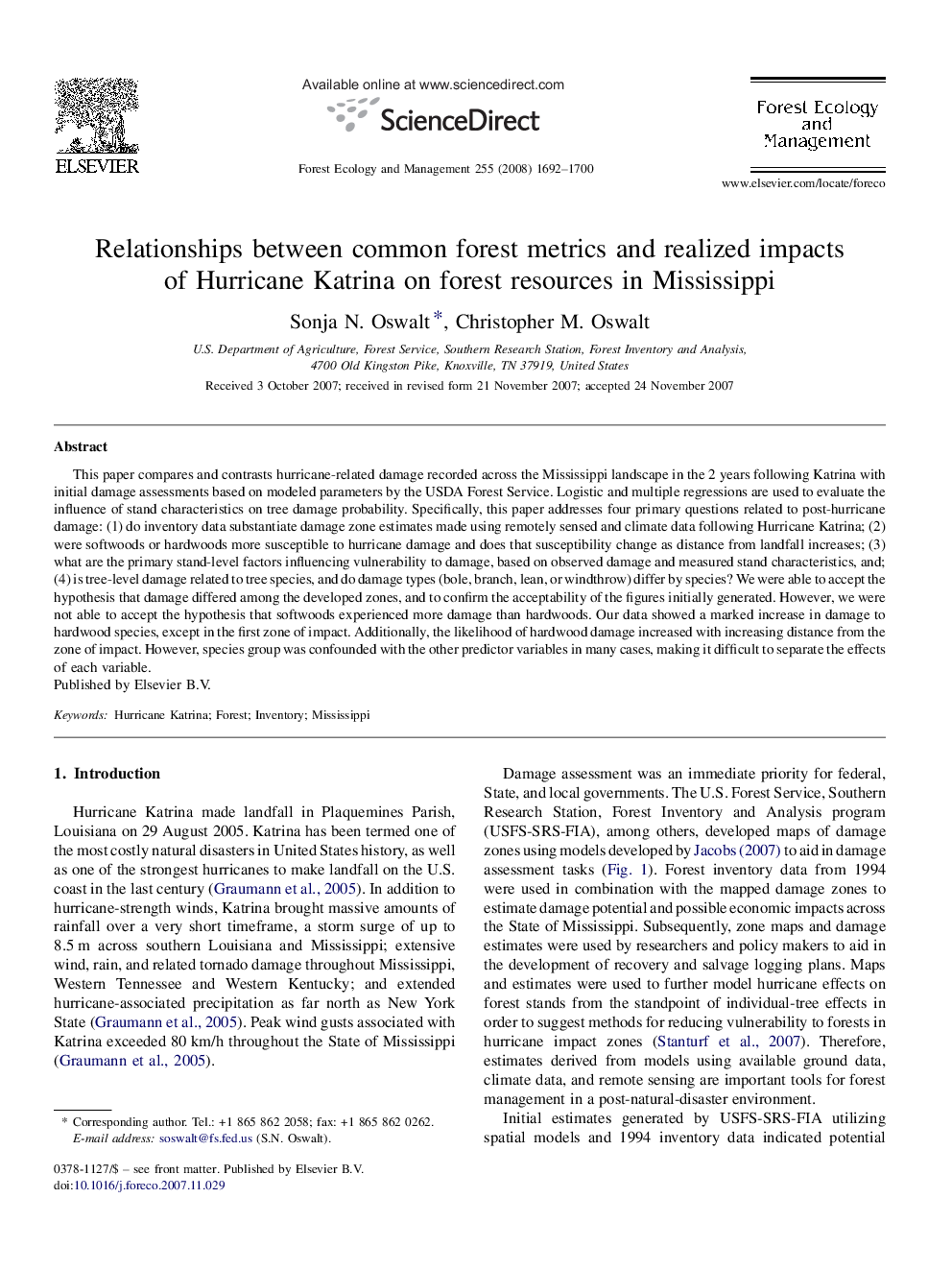 Relationships between common forest metrics and realized impacts of Hurricane Katrina on forest resources in Mississippi