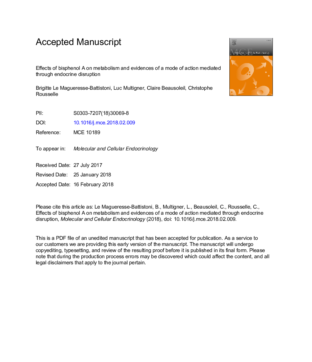 Effects of bisphenol A on metabolism and evidences of a mode of action mediated through endocrine disruption