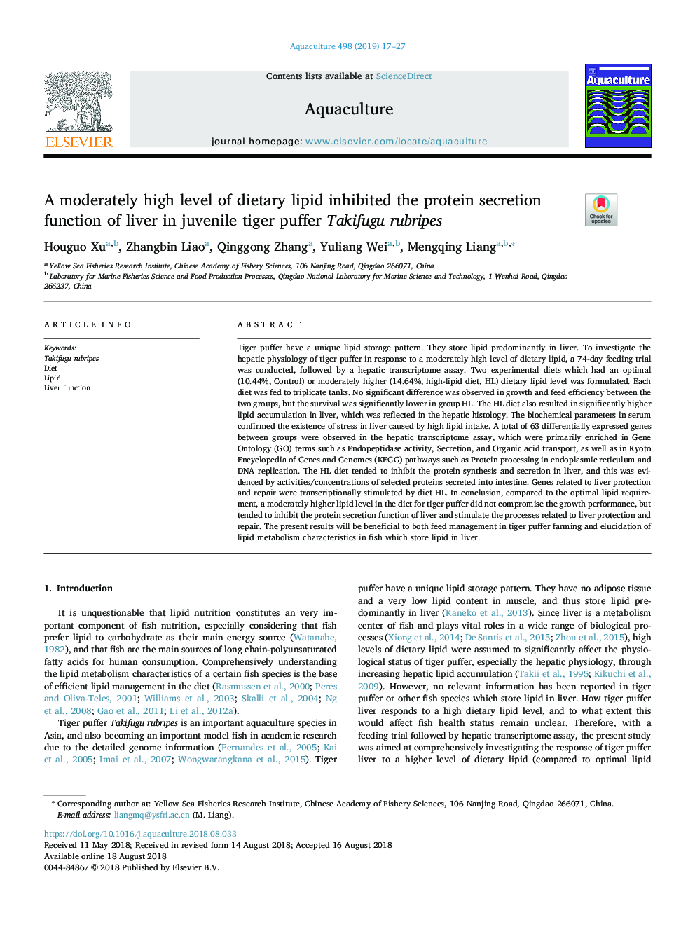 A moderately high level of dietary lipid inhibited the protein secretion function of liver in juvenile tiger puffer Takifugu rubripes