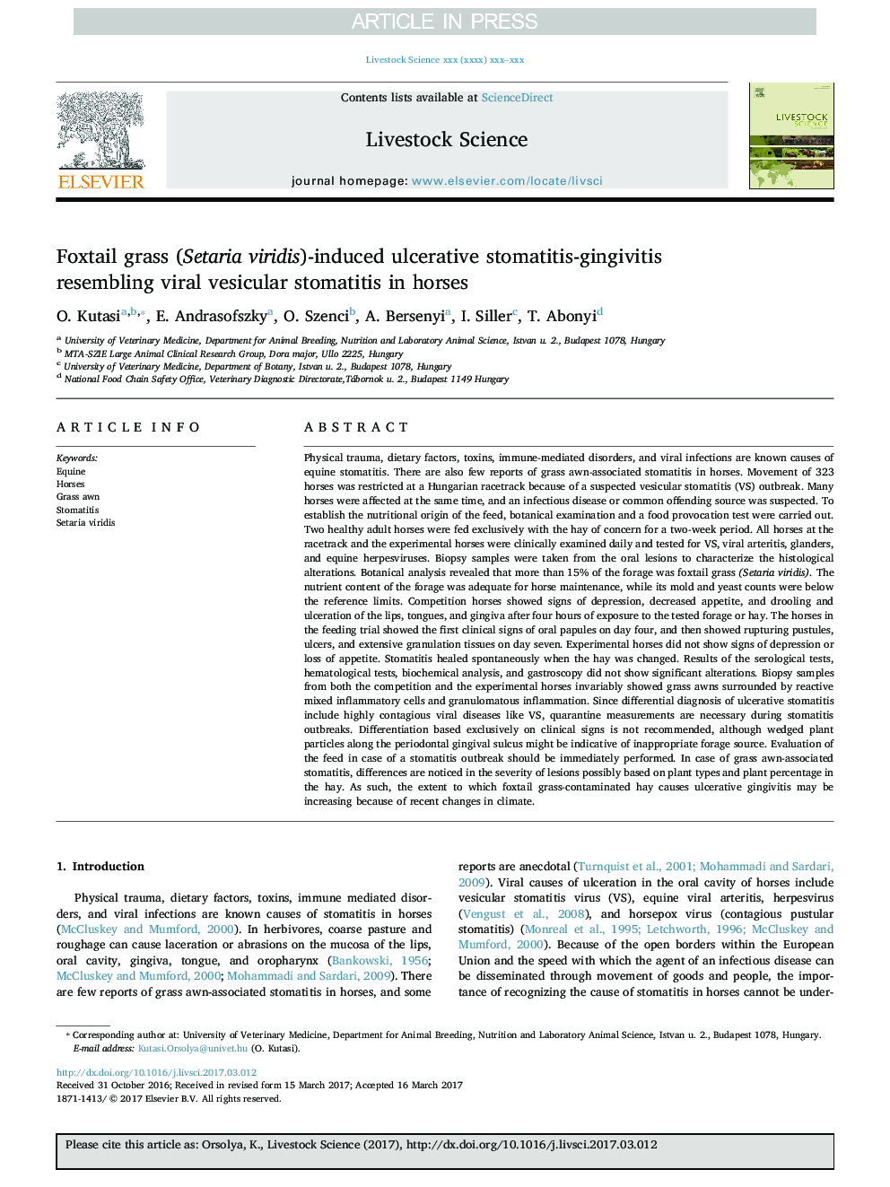 Foxtail grass (Setaria viridis)-induced ulcerative stomatitis-gingivitis resembling viral vesicular stomatitis in horses