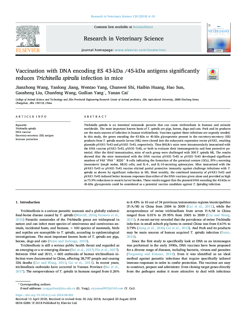 Vaccination with DNA encoding ES 43-kDa /45-kDa antigens significantly reduces Trichinella spiralis infection in mice