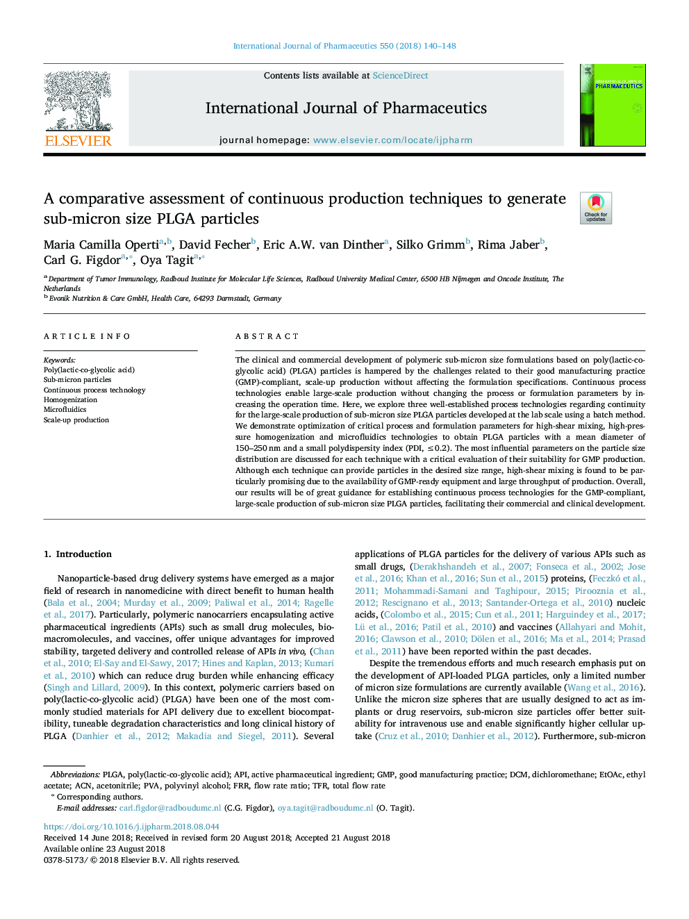 A comparative assessment of continuous production techniques to generate sub-micron size PLGA particles