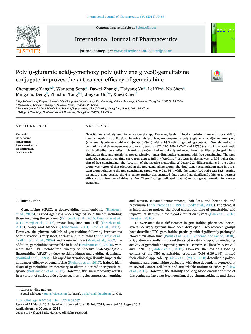 Poly (l-glutamic acid)-g-methoxy poly (ethylene glycol)-gemcitabine conjugate improves the anticancer efficacy of gemcitabine