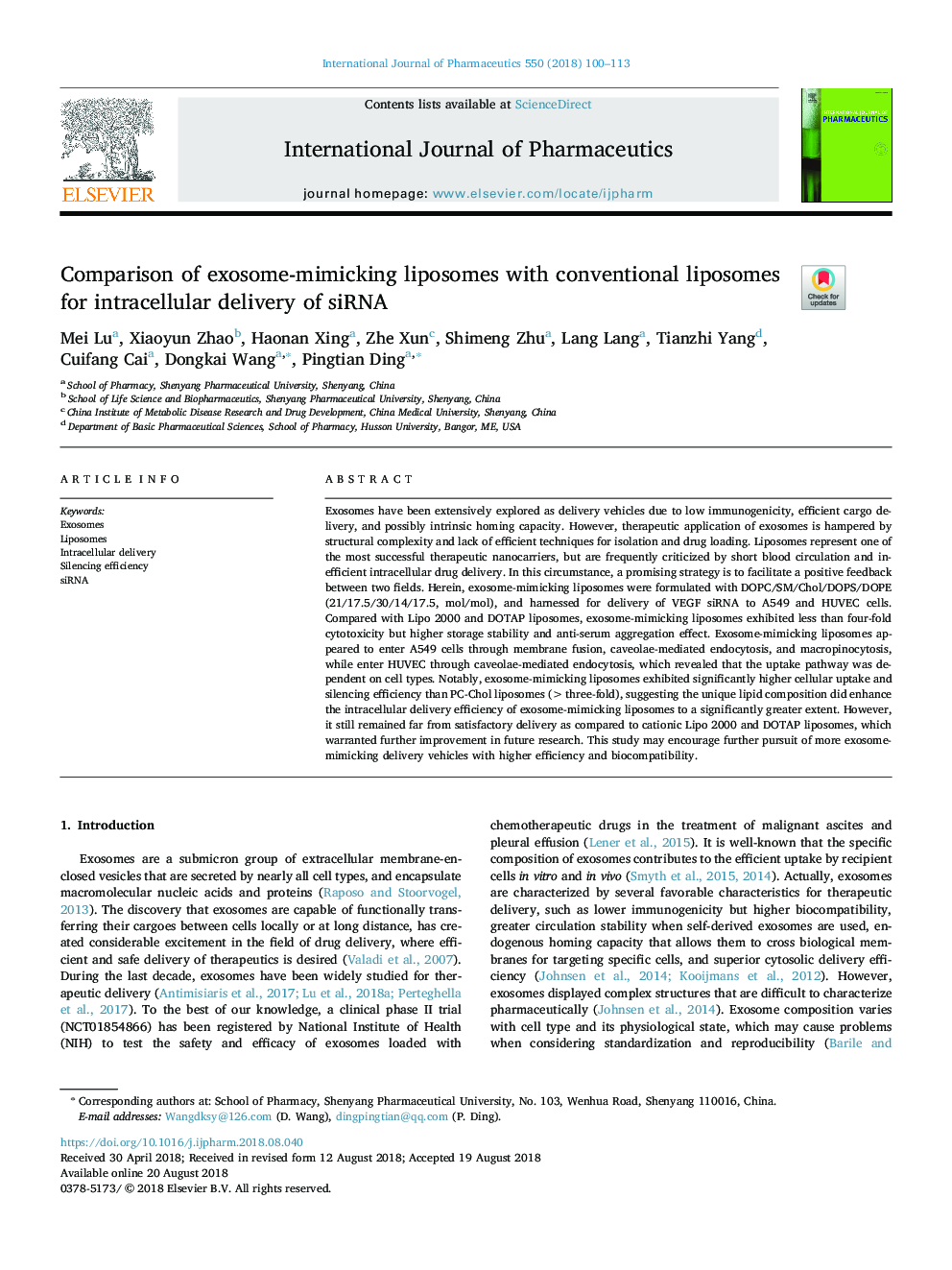 Comparison of exosome-mimicking liposomes with conventional liposomes for intracellular delivery of siRNA