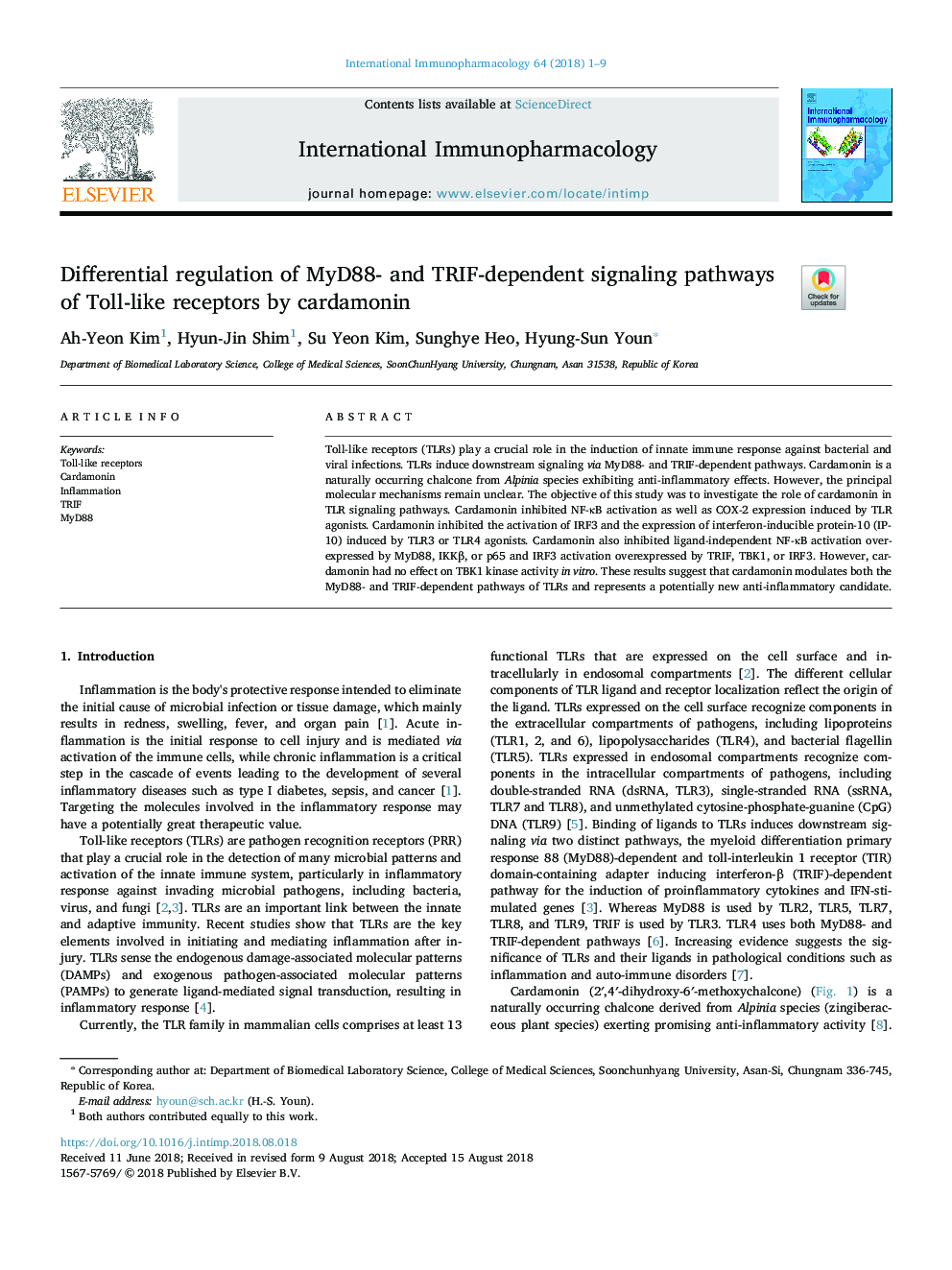 Differential regulation of MyD88- and TRIF-dependent signaling pathways of Toll-like receptors by cardamonin