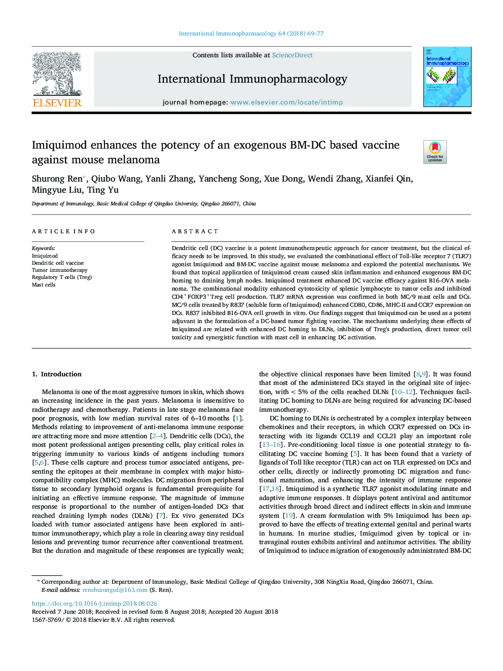 Imiquimod enhances the potency of an exogenous BM-DC based vaccine against mouse melanoma