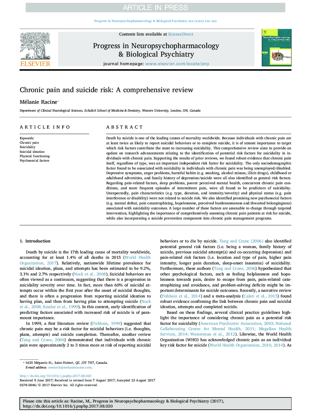 Chronic pain and suicide risk: A comprehensive review