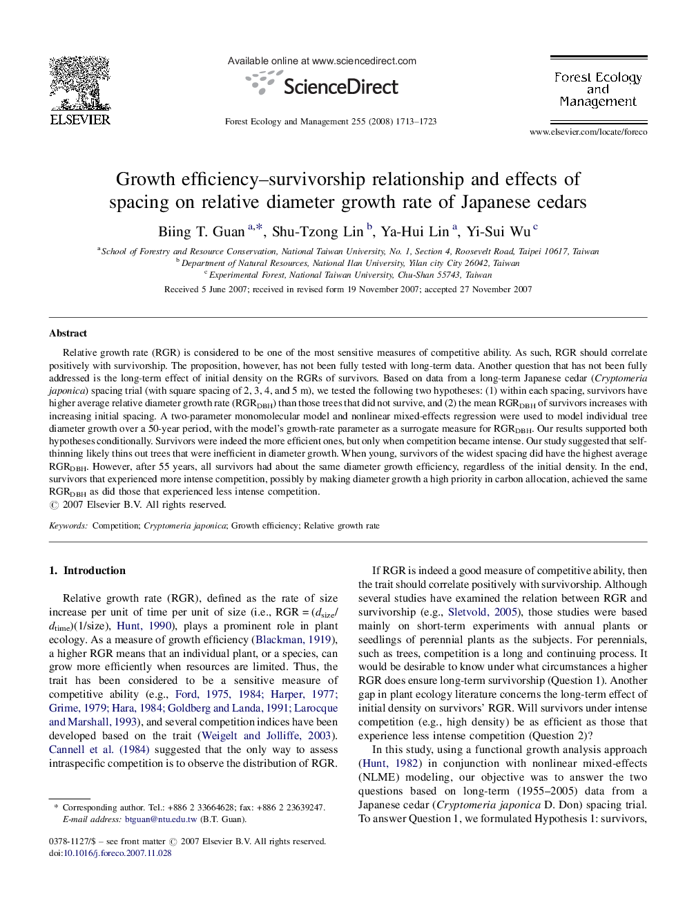 Growth efficiency–survivorship relationship and effects of spacing on relative diameter growth rate of Japanese cedars