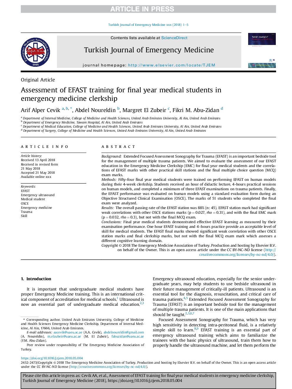 Assessment of EFAST training for final year medical students in emergency medicine clerkship