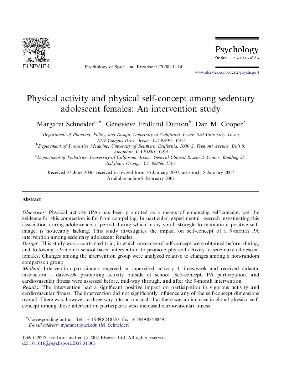 Physical activity and physical self-concept among sedentary adolescent females: An intervention study