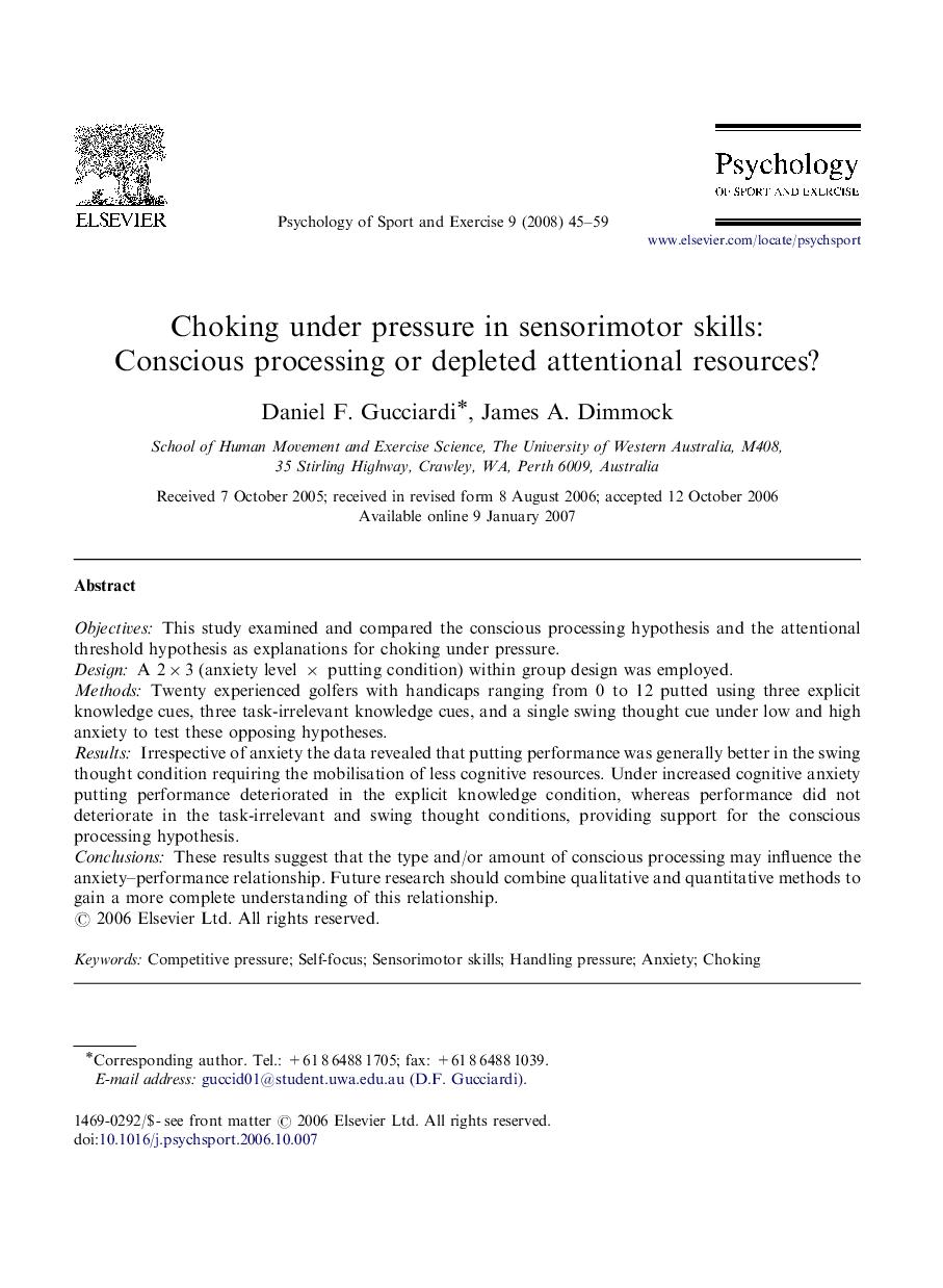 Choking under pressure in sensorimotor skills: Conscious processing or depleted attentional resources?