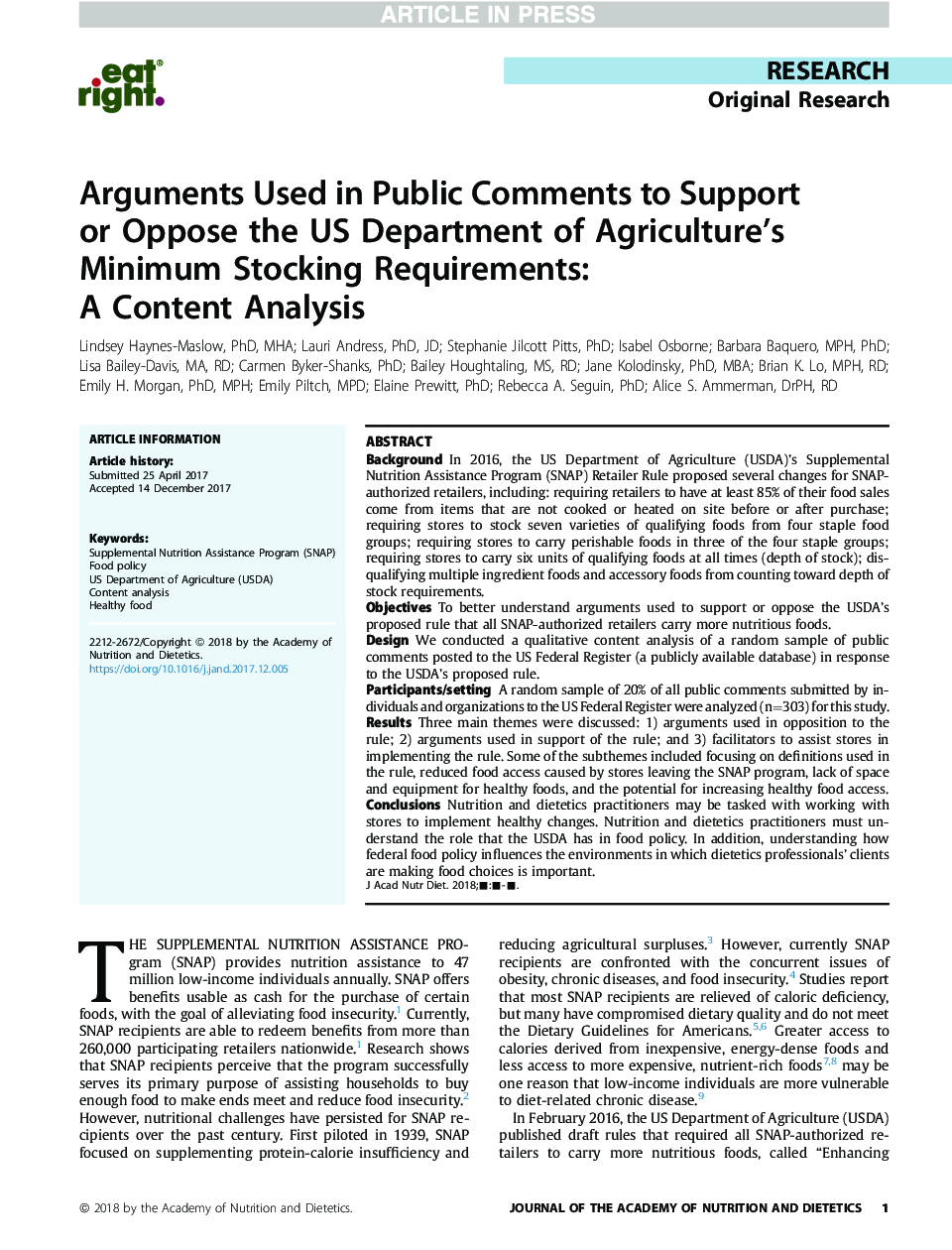 Arguments Used in Public Comments to Support or Oppose the US Department of Agriculture's Minimum Stocking Requirements: A Content Analysis
