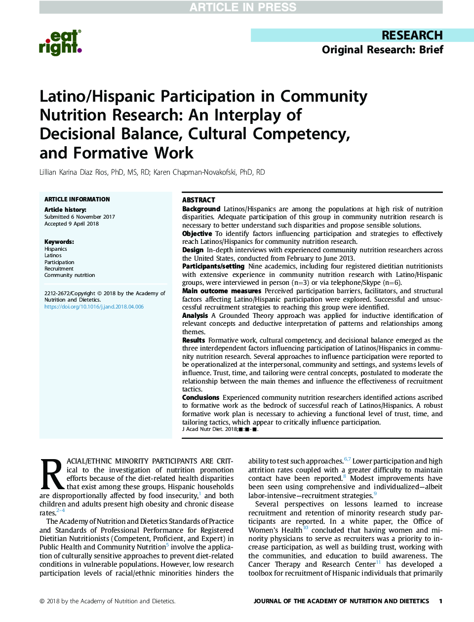 Latino/Hispanic Participation in Community Nutrition Research: An Interplay of DecisionalÂ Balance, Cultural Competency, andÂ Formative Work