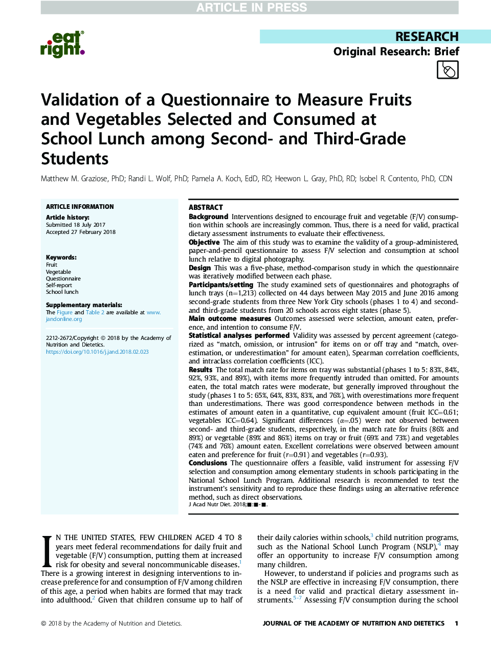 اعتبار سنجی برای سنجش میوه ها و سبزیجات انتخاب شده و مصرف شده در ناهار مدرسه در میان دانش آموزان دوم و سوم