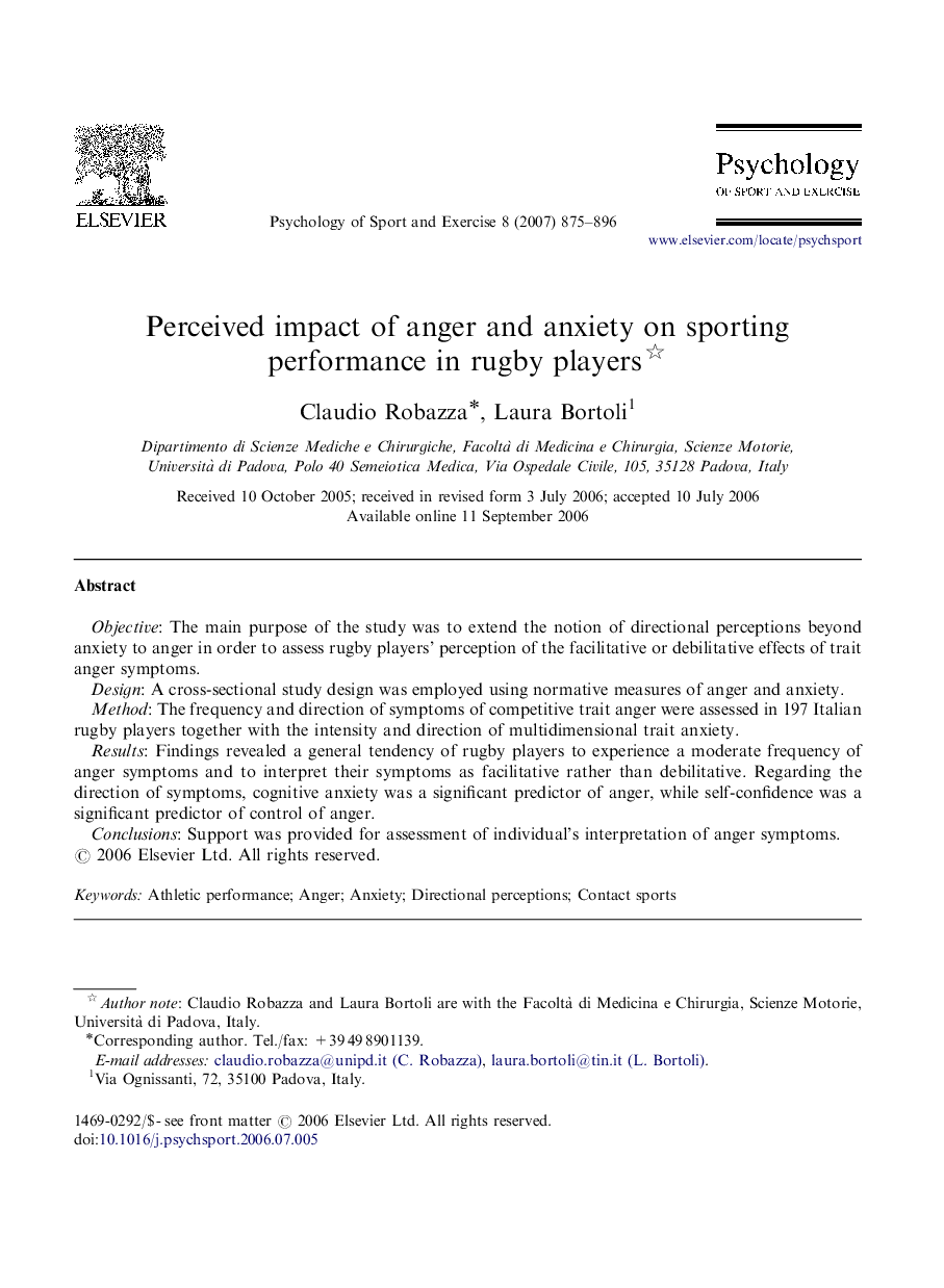 Perceived impact of anger and anxiety on sporting performance in rugby players 