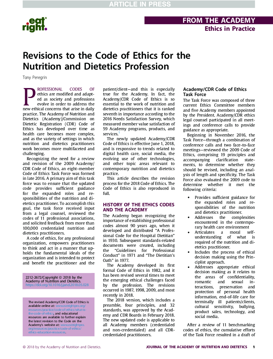 Revisions to the Code of Ethics for the NutritionÂ and Dietetics Profession