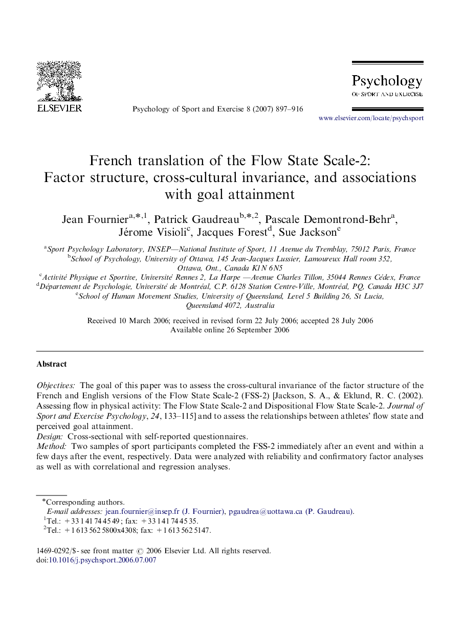 French translation of the Flow State Scale-2: Factor structure, cross-cultural invariance, and associations with goal attainment