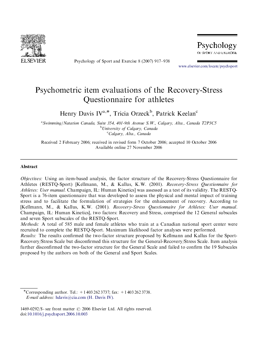 Psychometric item evaluations of the Recovery-Stress Questionnaire for athletes