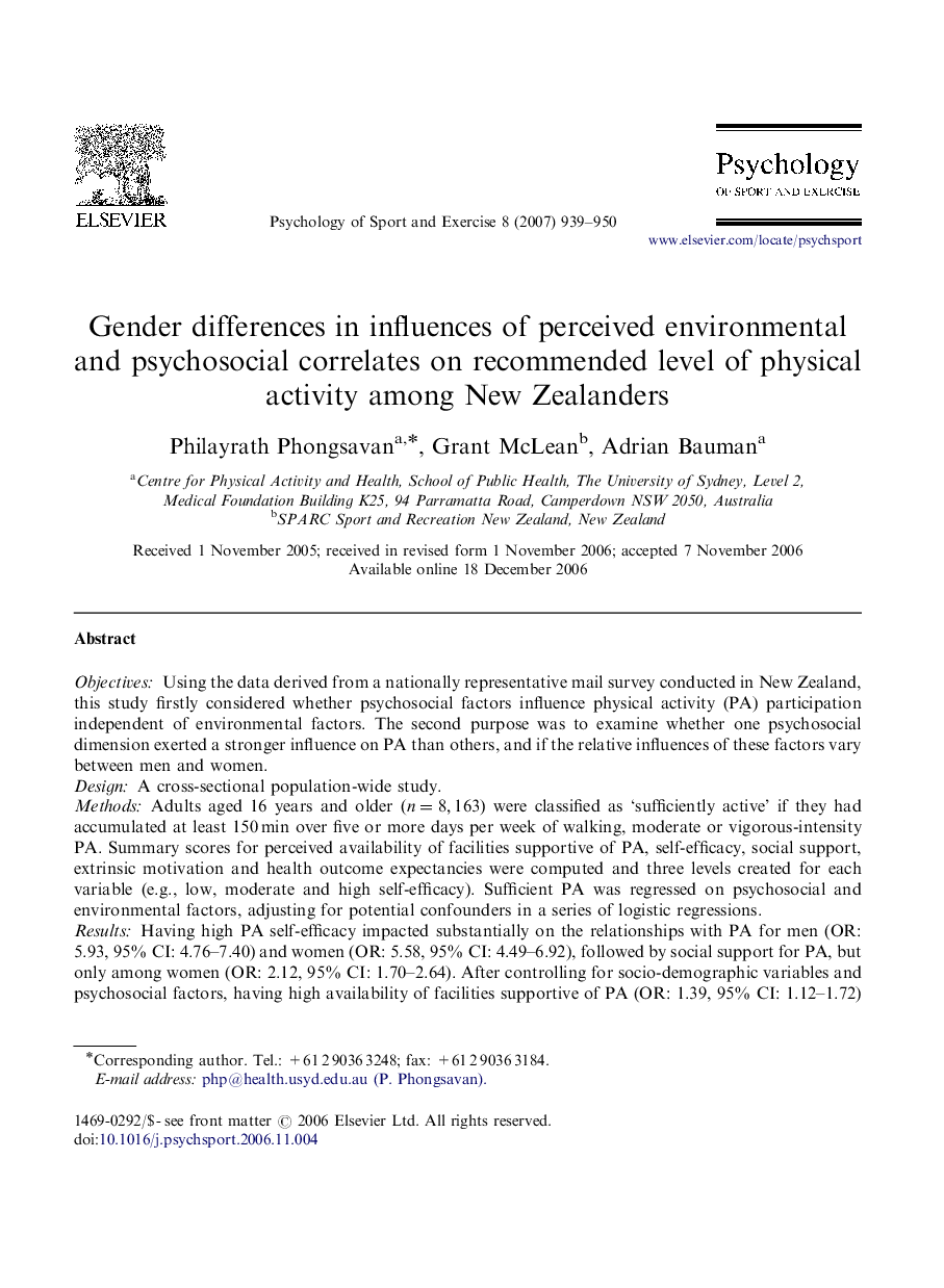 Gender differences in influences of perceived environmental and psychosocial correlates on recommended level of physical activity among New Zealanders