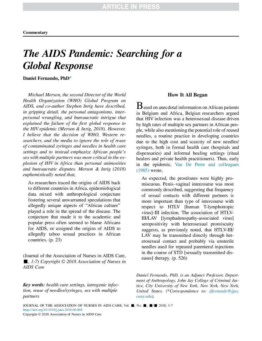 The AIDS Pandemic: Searching for aÂ Global Response