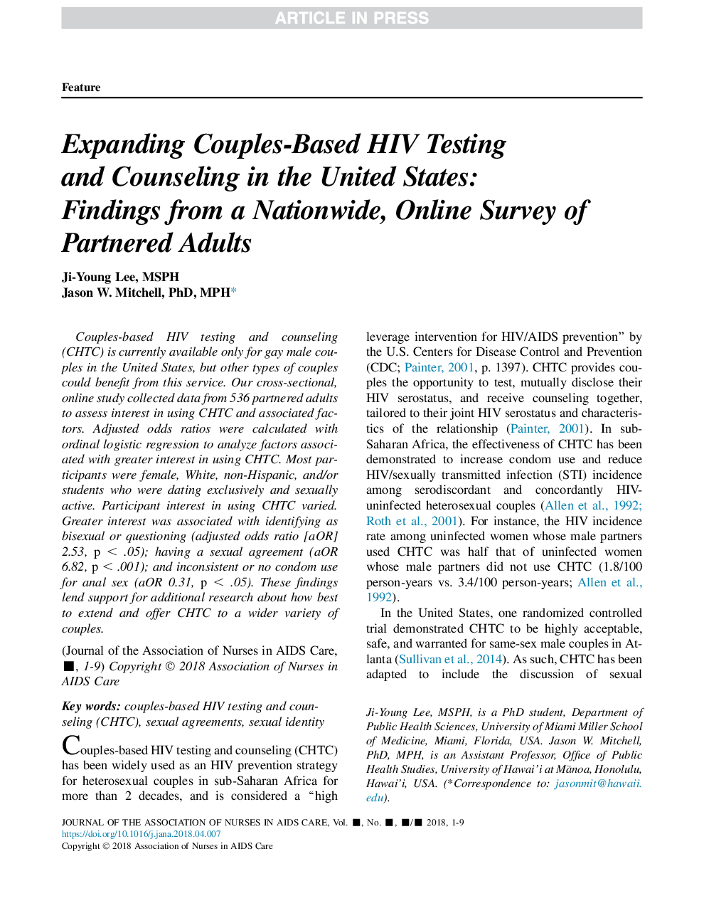 Expanding Couples-Based HIV Testing and Counseling in the United States: Findings from a Nationwide, Online Survey ofÂ Partnered Adults