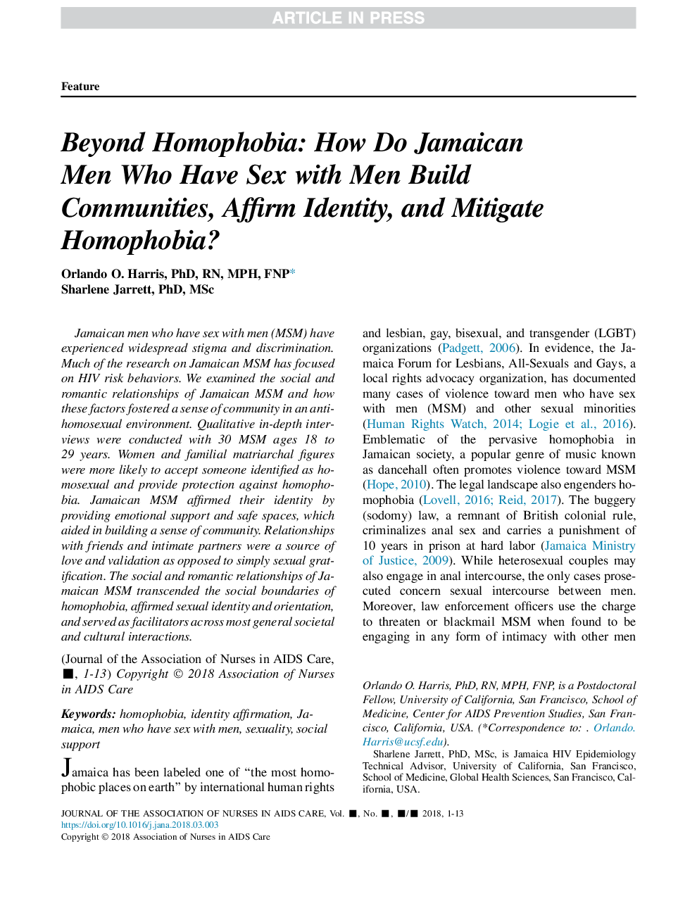 Beyond Homophobia: How Do Jamaican Men Who Have Sex with Men Build Communities, Affirm Identity, and Mitigate Homophobia?